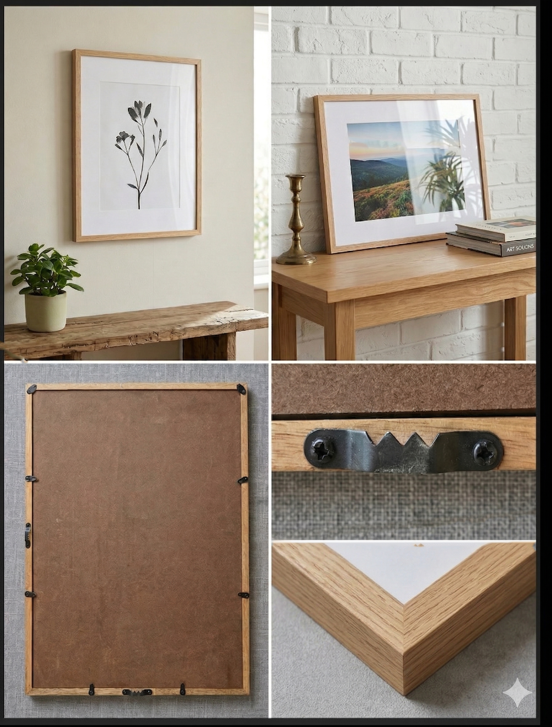 Premium wooden photo frame shown from multiple angles — wall-mounted, shelf display, back panel, sawtooth hanger, and corner detail